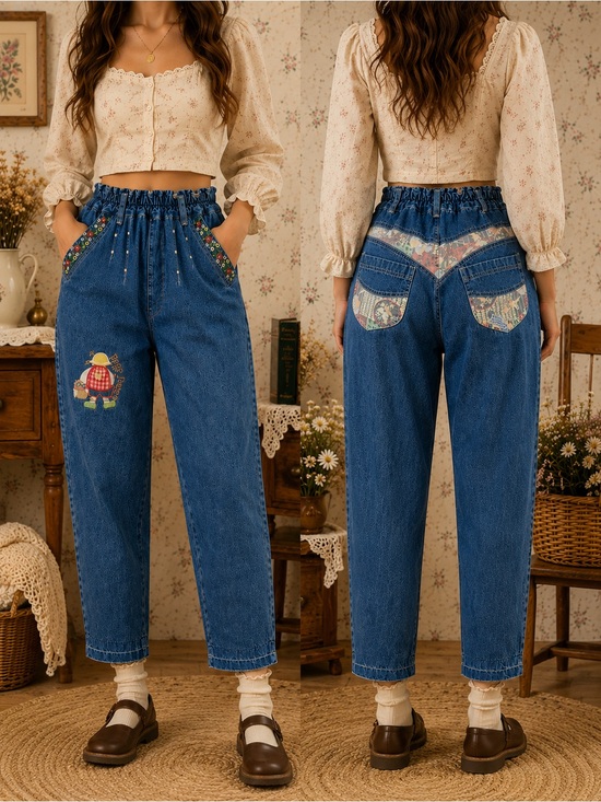 Vintage Denim - Vintage 90s Cottagecore Embroidered Elastic Waist Mom Jeans